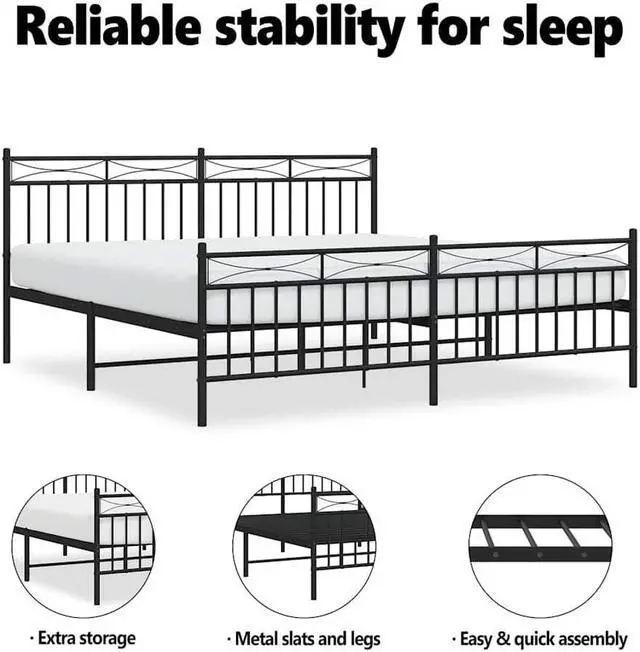 Alt view image 5 of 7 - vidaXL 11'' King Metal Bed Frames with Headboard, Platform Bed Frame with Strong Metal Slats Support, Under Bed Storage, Noise Free, Black, without Mattress