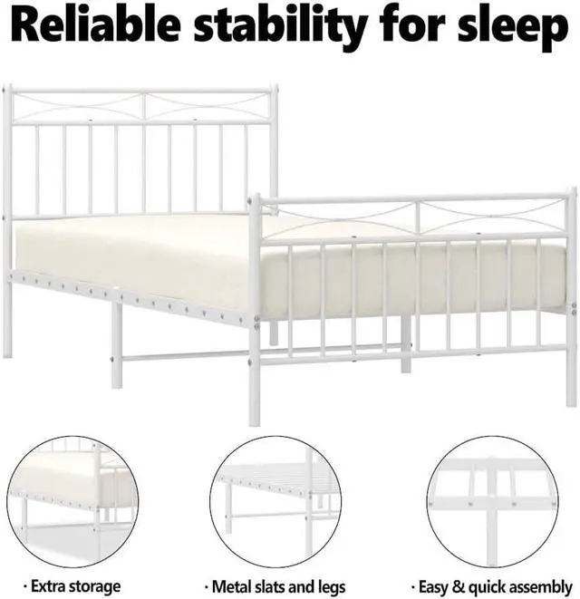 Alt view image 5 of 7 - vidaXL 11'' Twin Metal Bed Frames with Headboard and Footboard, Platform Bed Frame with Strong Metal Slats Support, Under Bed Storage, Noise Free, White, without Mattress