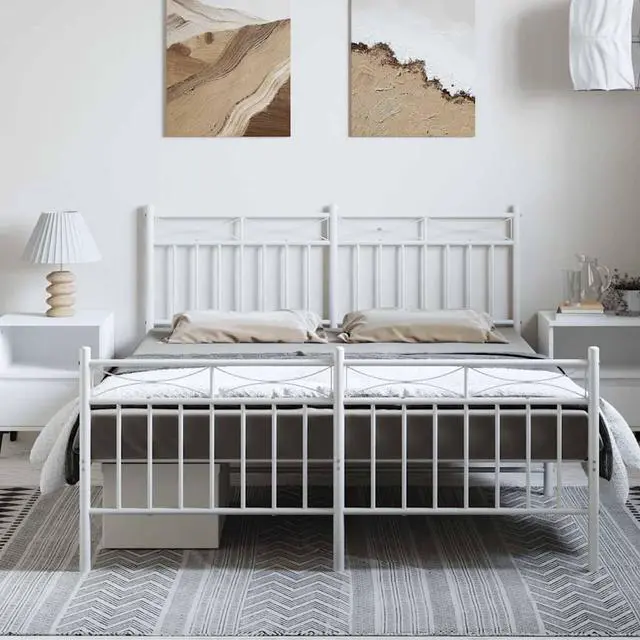 Alt view image 3 of 7 - vidaXL 11'' Metal Queen Bed Frames with Headboard and Footboard, Platform Bed Frame with Strong Metal Slats Support, Under Bed Storage, Noise Free, White, without Mattress