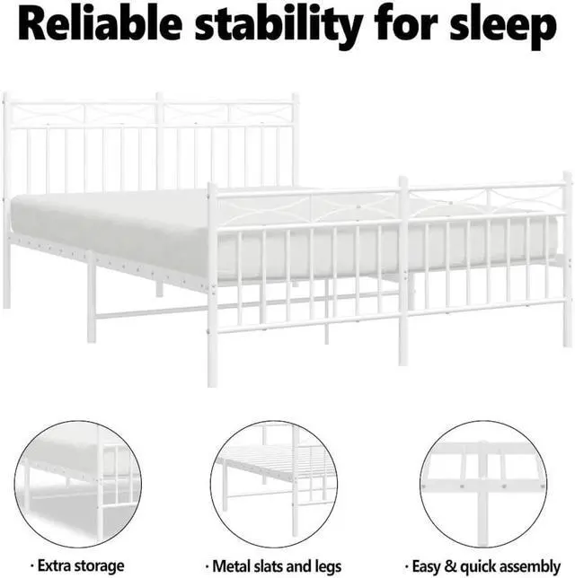 Alt view image 5 of 7 - vidaXL 11'' Metal Queen Bed Frames with Headboard and Footboard, Platform Bed Frame with Strong Metal Slats Support, Under Bed Storage, Noise Free, White, without Mattress
