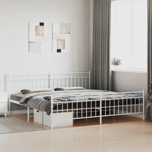 Main image of vidaXL 11'' King Metal Bed Frames with Headboard  and Footboard, Platform Bed Frame with Strong Metal Slats Support, Under Bed Storage, Noise Free, White, without Mattress