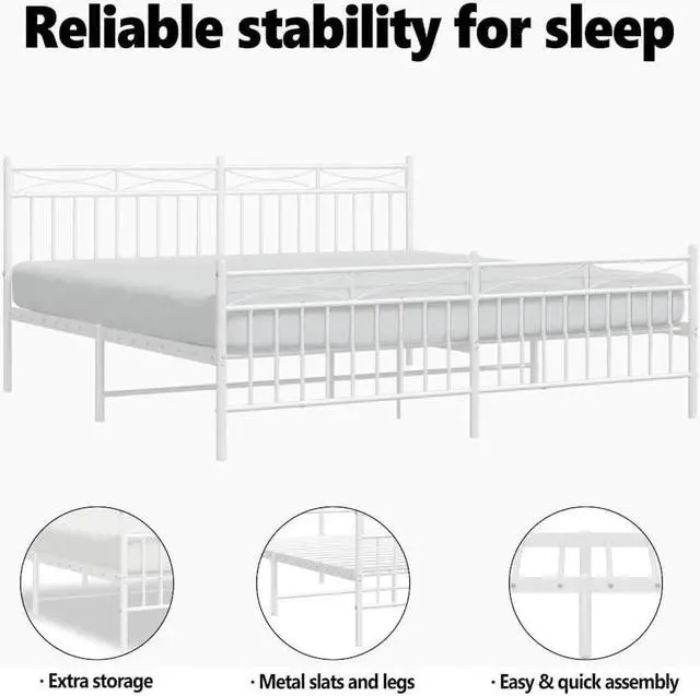 Alt view image 5 of 7 - vidaXL 11'' King Metal Bed Frames with Headboard  and Footboard, Platform Bed Frame with Strong Metal Slats Support, Under Bed Storage, Noise Free, White, without Mattress