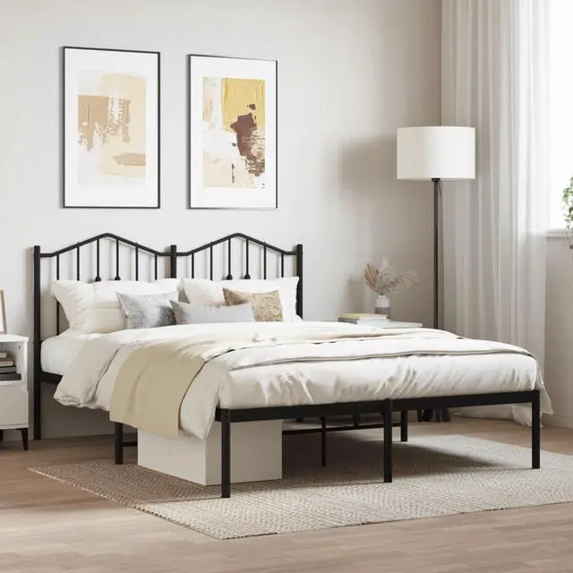 Main image of vidaXL Queen Metal Bed Frame with Headboard and Stable Slats, Under Bed Storage Space, Sturdy Steel Construction and Easy Assembly, Minimalist Style, Black, 12'' High, without Mattress