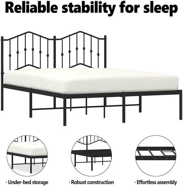 Alt view image 5 of 7 - vidaXL Queen Metal Bed Frame with Headboard and Stable Slats, Under Bed Storage Space, Sturdy Steel Construction and Easy Assembly, Minimalist Style, Black, 12'' High, without Mattress