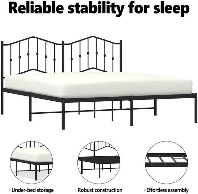 Alt view image 5 of 7 - vidaXL California King Metal Bed Frame with Headboard and Stable Slats, Under Bed Storage Space, Sturdy Steel Construction and Easy Assembly, Minimalist Style, Black, 12'' High, without Mattress