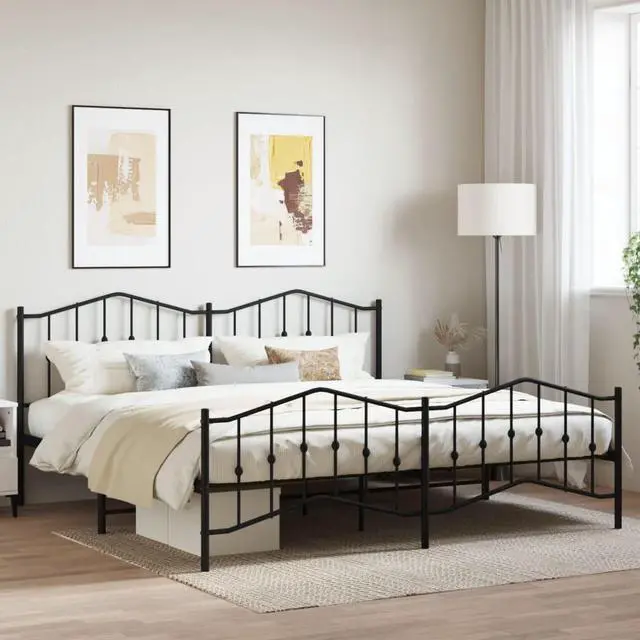 Main image of vidaXL King Metal Bed Frame with Headboard and Footboard, Under Bed Storage Space, Sturdy Steel Construction and Easy Assembly, Minimalist Style, Black, 12'' High, without Mattress
