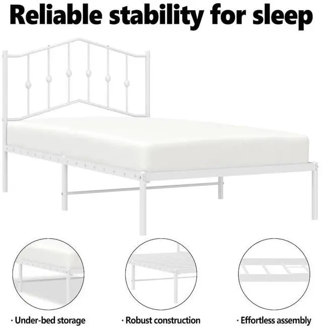 Alt view image 5 of 7 - vidaXL Twin Metal Bed Frame with Headboard and Stable Slats, Under Bed Storage Space, Sturdy Steel Construction and Easy Assembly, Minimalist Style, White, 12'' High, without Mattress