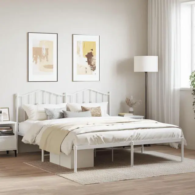 Main image of vidaXL California King Metal Bed Frame with Headboard and Stable Slats, Under Bed Storage Space, Sturdy Steel Construction and Easy Assembly, Minimalist Style, White, 12'' High, without Mattress