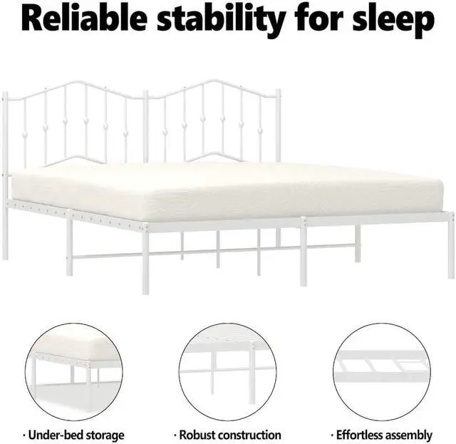Alt view image 5 of 7 - vidaXL California King Metal Bed Frame with Headboard and Stable Slats, Under Bed Storage Space, Sturdy Steel Construction and Easy Assembly, Minimalist Style, White, 12'' High, without Mattress
