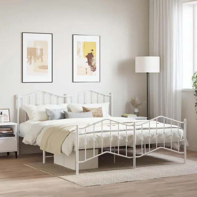 Main image of vidaXL Califonia King Metal Bed Frame with Headboard and Footboard, Under Bed Storage Space, Sturdy Steel Construction and Easy Assembly, Minimalist Style, White, 12'' High, without Mattress