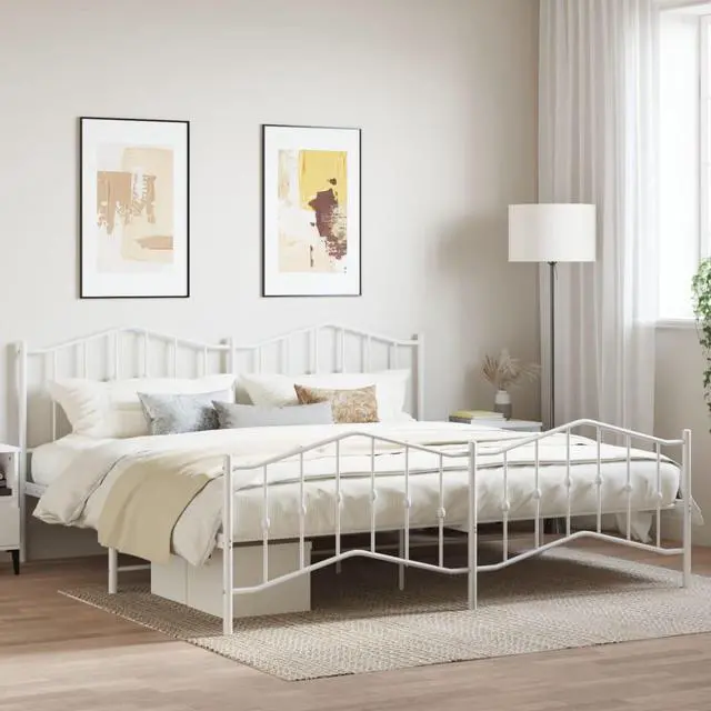 Main image of vidaXL King Metal Bed Frame with Headboard and Footboard, Under Bed Storage Space, Sturdy Steel Construction and Easy Assembly, Minimalist Style, White, 12'' High, without Mattress