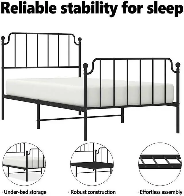 Alt view image 5 of 7 - vidaXL Twin Metal Bed Frame with Headboard and Footboard, Under Bed Storage Space, Sturdy Steel Construction and Easy Assembly, Minimalist Style, Black, 12'' High, without Mattress
