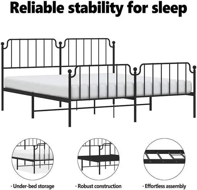 Alt view image 5 of 7 - vidaXL King Metal Bed Frame with Headboard and Footboard, Under Bed Storage Space, Sturdy Steel Construction and Easy Assembly, Minimalist Style, Black, 12'' High, without Mattress