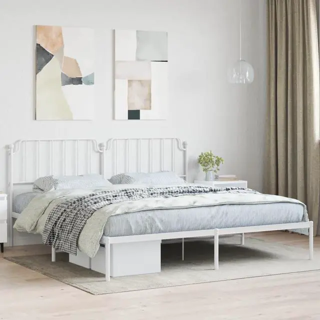 Main image of vidaXL King Metal Bed Frame with Headboard and Stable Slats, Under Bed Storage Space, Sturdy Steel Construction and Easy Assembly, Minimalist Style, White, 12'' High, without Mattress