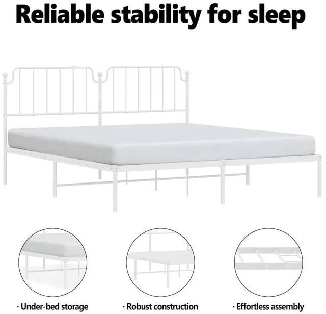 Alt view image 5 of 7 - vidaXL King Metal Bed Frame with Headboard and Stable Slats, Under Bed Storage Space, Sturdy Steel Construction and Easy Assembly, Minimalist Style, White, 12'' High, without Mattress