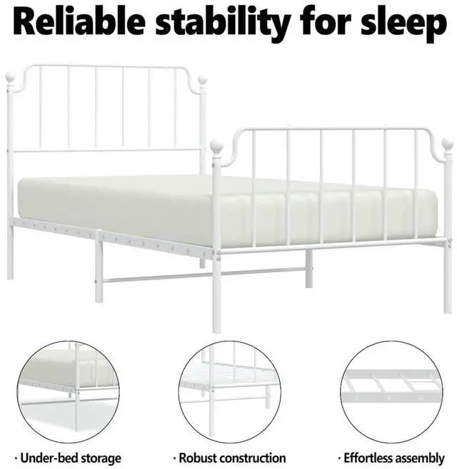 Alt view image 5 of 7 - vidaXL Twin Metal Bed Frame with Headboard and Footboard, Under Bed Storage Space, Sturdy Steel Construction and Easy Assembly, Minimalist Style, White, 12'' High, without Mattress
