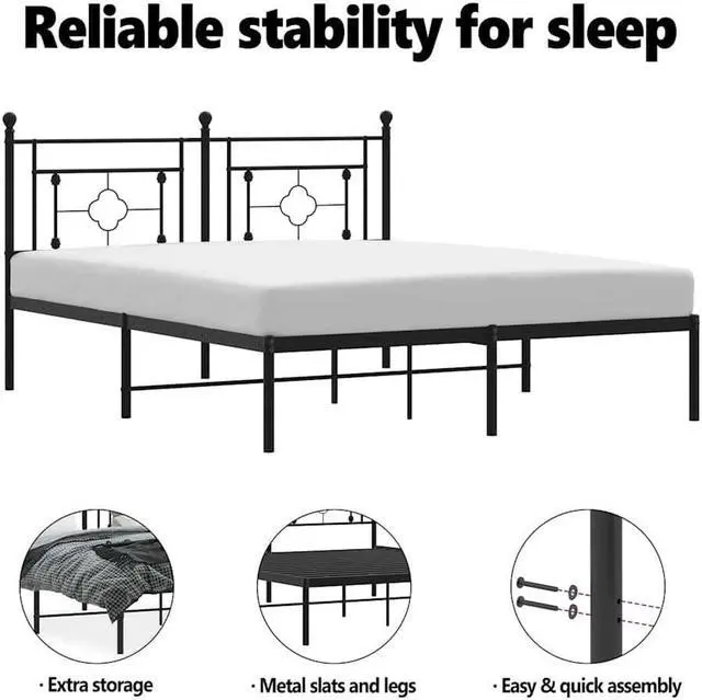 Alt view image 5 of 7 - vidaXL 12'' Metal Queen Bed Frames with Headboard, Platform Bed Frame with Strong Metal Slats Support, Under Bed Storage, Noise Free, Black, without Mattress