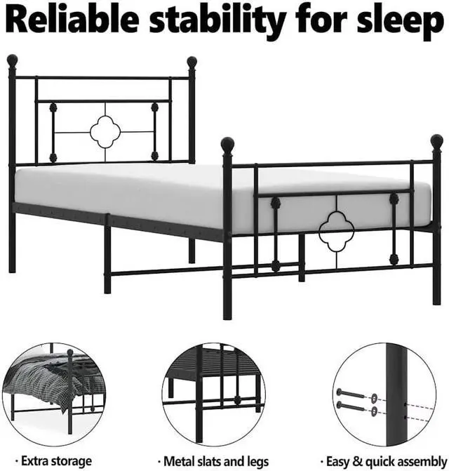 Alt view image 5 of 7 - vidaXL 10'' Twin XL Metal Bed Frames with Headboard and Footboard, Platform Bed Frame with Strong Metal Slats Support, Under Bed Storage, Noise Free, Black, without Mattress