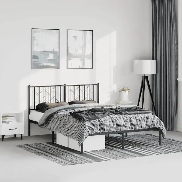 Main image of vidaXL 12' Metal Queen Bed Frames with Headboard, Platform Bed Frame with Strong Metal Slats Support, Under Bed Storage, Noise Free, Black, without Mattress