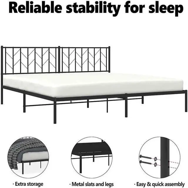 Alt view image 5 of 7 - vidaXL 12'' King Metal Bed Frames with Headboard, Platform Bed Frame with Strong Metal Slats Support, Under Bed Storage, Noise Free, Black, without Mattress