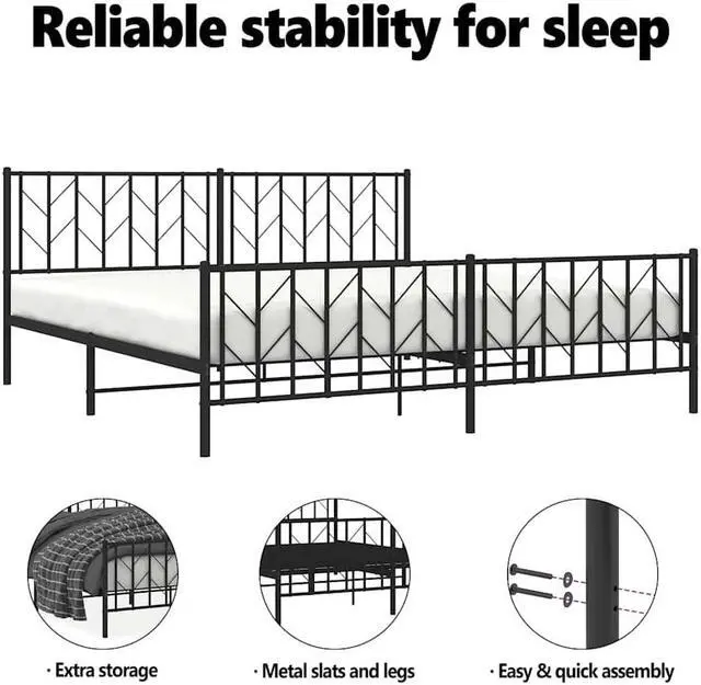 Alt view image 5 of 7 - vidaXL 12'' King Metal Bed Frames with Headboard  and Footboard, Platform Bed Frame with Strong Metal Slats Support, Under Bed Storage, Noise Free, Black, without Mattress