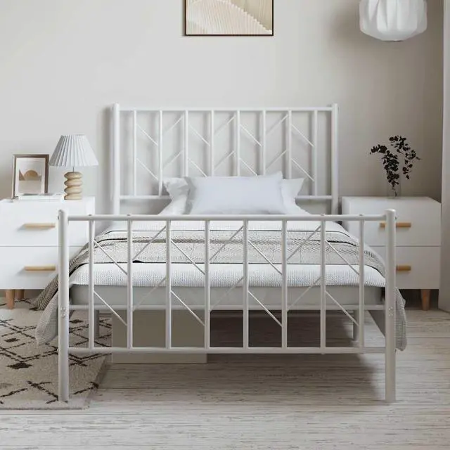Alt view image 3 of 7 - vidaXL 12'' Metal Twin XL Bed Frames with Headboard and Footboard, Platform Bed Frame with Strong Metal Slats Support, Under Bed Storage, Noise Free, White, without Mattress
