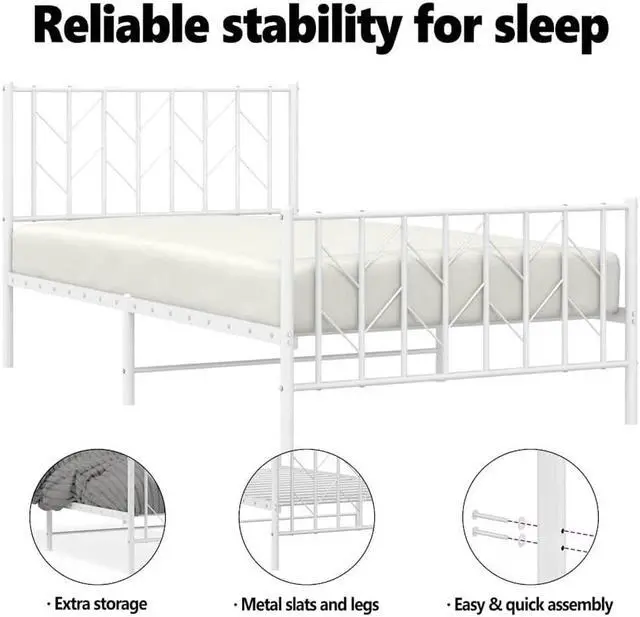 Alt view image 5 of 7 - vidaXL 12'' Metal Twin XL Bed Frames with Headboard and Footboard, Platform Bed Frame with Strong Metal Slats Support, Under Bed Storage, Noise Free, White, without Mattress