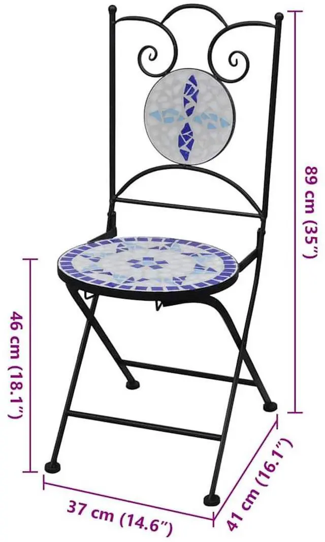 Alt view image 7 of 7 - vidaXL Folding Bistro Chairs 2 pcs Outdoor Patio Chair Ceramic Blue and White
