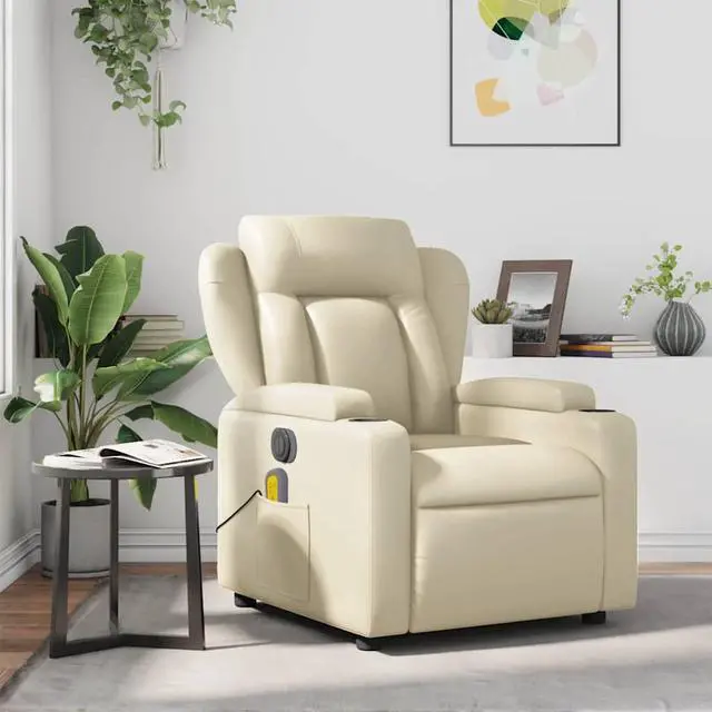 Main image of vidaXL Cream Leather Recliner Chair with 6-Point Vibration Massage, Adjustable Backrest & Footrest, Cup Holders, Side Pocket, Padded Seat, Perfect for Living Room or Home Theater Seating