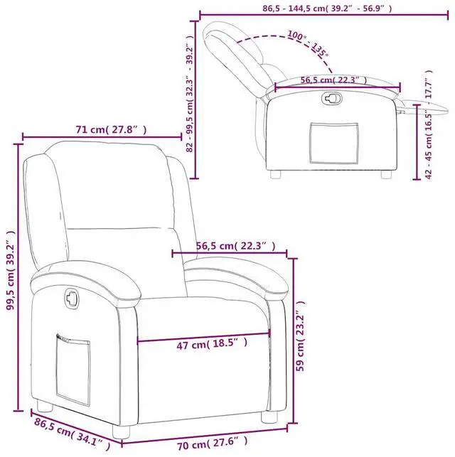 Alt view image 4 of 7 - vidaXL Manual Recliner Chair for Living Room, Adjustable Recliner with Padded Seat & Backrest, Home Theater Seating with Side Pocket, Cream Real Leather