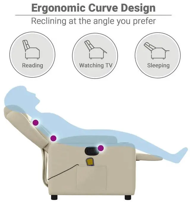 Alt view image 5 of 7 - vidaXL Cream Leather Recliner Chair with 6-Point Vibration Massage, Adjustable Backrest & Footrest, Cup Holders, Side Pocket, Padded Seat, Perfect for Living Room or Home Theater Seating