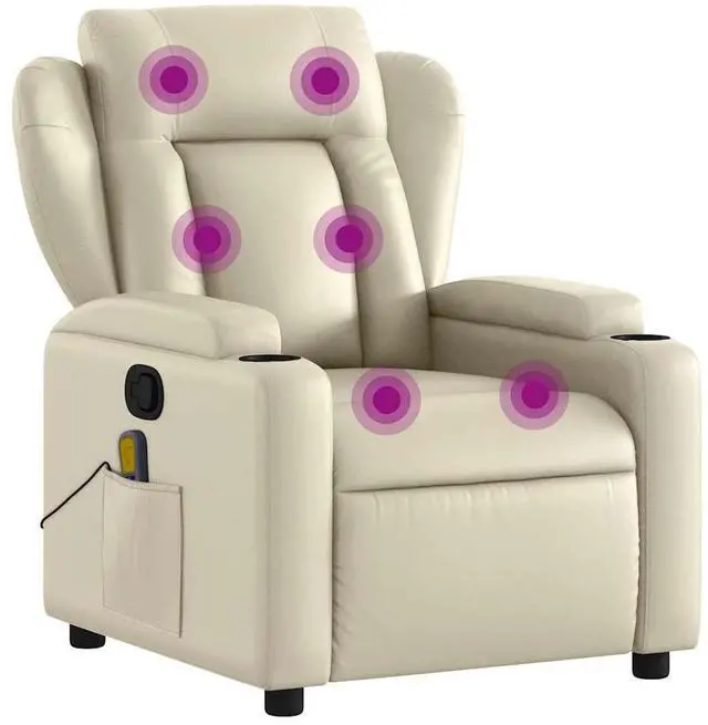 Alt view image 2 of 7 - vidaXL Cream Leather Recliner Chair with 6-Point Vibration Massage, Adjustable Backrest & Footrest, Cup Holders, Side Pocket, Padded Seat, Perfect for Living Room or Home Theater Seating