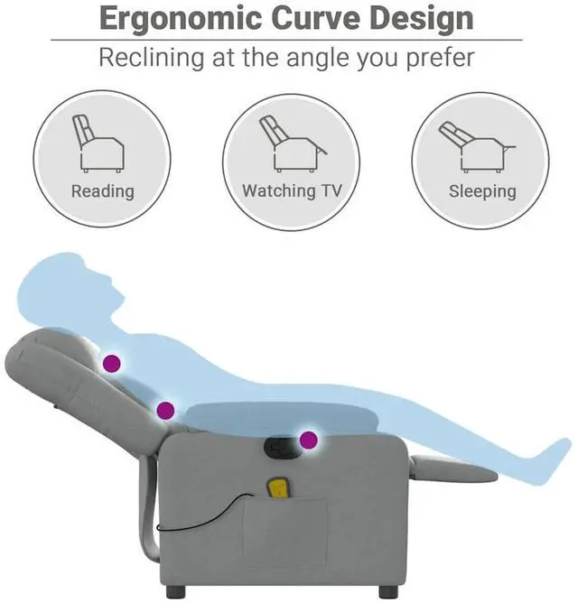 Alt view image 5 of 7 - vidaXL Massage Recliner Chair for Living Room, Adjustable Recliner with 6-Point Vibration Massage, Home Theater Seating with Padded Seat Backrest & Side Pocket, Light Gray Fabric