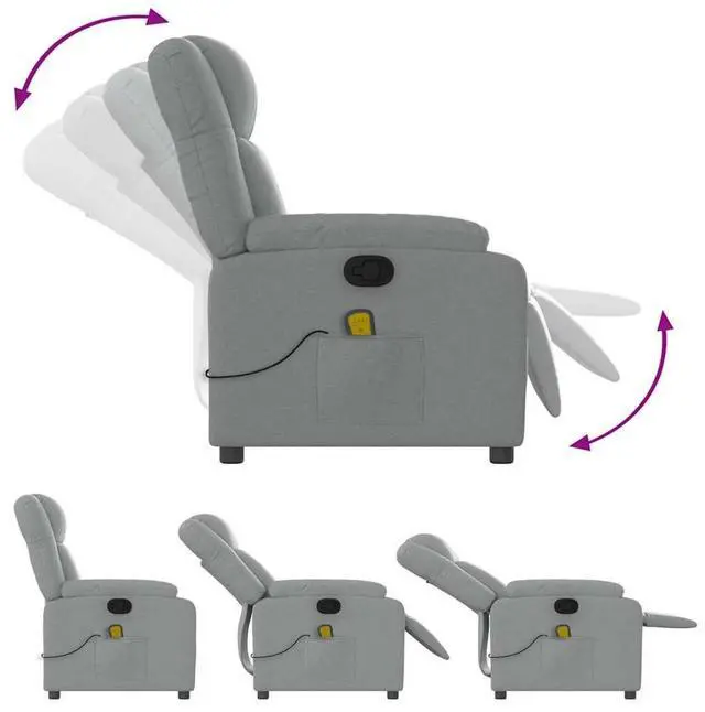 Alt view image 6 of 7 - vidaXL Massage Recliner Chair for Living Room, Adjustable Recliner with 6-Point Vibration Massage, Home Theater Seating with Padded Seat Backrest & Side Pocket, Light Gray Fabric