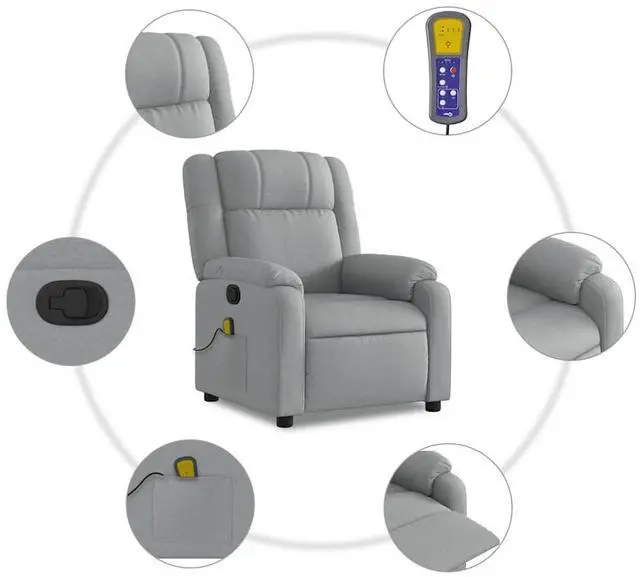 Alt view image 7 of 7 - vidaXL Massage Recliner Chair for Living Room, Adjustable Recliner with 6-Point Vibration Massage, Home Theater Seating with Padded Seat Backrest & Side Pocket, Light Gray Fabric