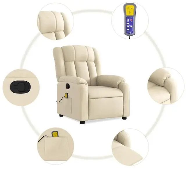 Alt view image 7 of 7 - vidaXL Massage Recliner Chair for Living Room, Adjustable Recliner with 6-Point Vibration Massage, Home Theater Seating with Padded Seat Backrest & Side Pocket, Cream Fabric