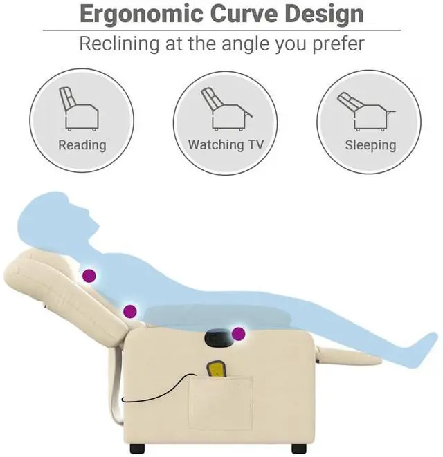 Alt view image 5 of 7 - vidaXL Massage Recliner Chair for Living Room, Adjustable Recliner with 6-Point Vibration Massage, Home Theater Seating with Padded Seat Backrest & Side Pocket, Cream Fabric
