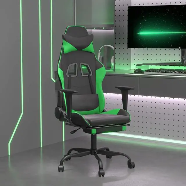Main image of vidaXL Massage Gaming Chair for Adult, Reclining Computer Chair with Footrest and Headrest, Height Adjustable Office Chair with 360°-Swivel Castors, Black and Green Faux Leather