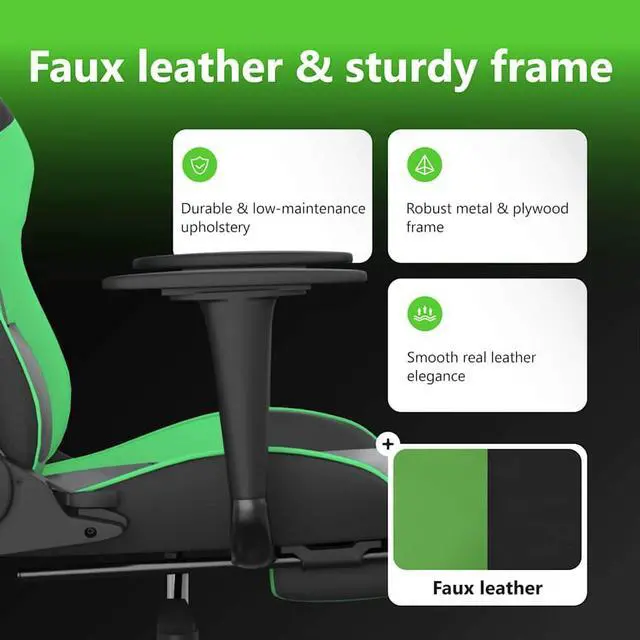Alt view image 5 of 7 - vidaXL Massage Gaming Chair for Adult, Reclining Computer Chair with Footrest and Headrest, Height Adjustable Office Chair with 360°-Swivel Castors, Black and Green Faux Leather