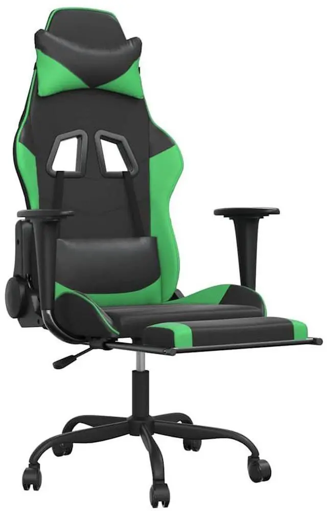 Alt view image 3 of 7 - vidaXL Massage Gaming Chair for Adult, Reclining Computer Chair with Footrest and Headrest, Height Adjustable Office Chair with 360°-Swivel Castors, Black and Green Faux Leather