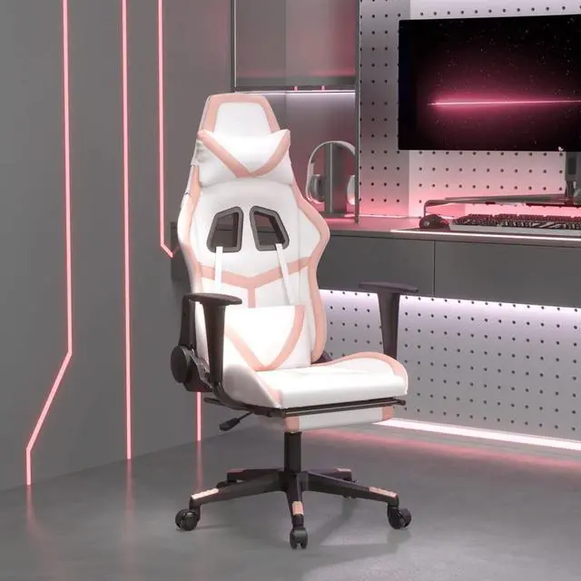 Main image of vidaXL Massage Gaming Chair with Footrest and Headrest, White and Pink