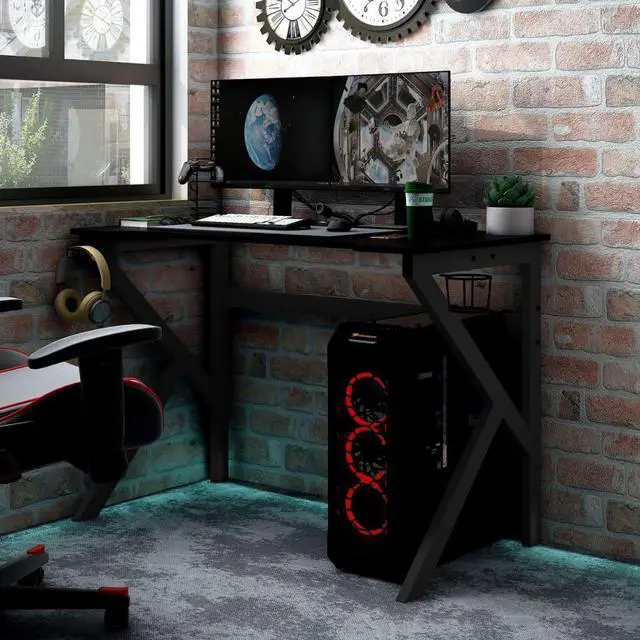 Main image of vidaXL 35 Inch Gaming Desk with K-Shaped Legs, Ergonomic Computer Desk with Earphone & Controller Racks, Cup Holder, Sturdy PC Desk for Gamers and Home Office, Black