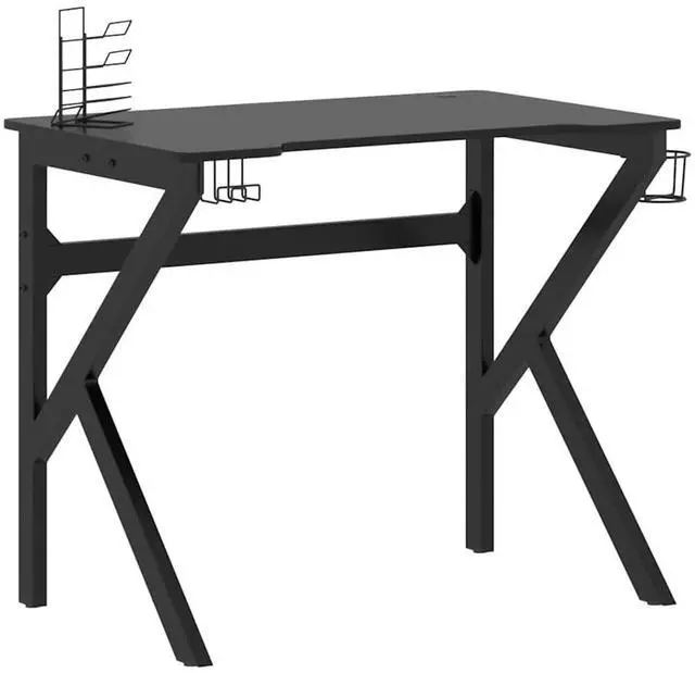Alt view image 2 of 7 - vidaXL 35 Inch Gaming Desk with K-Shaped Legs, Ergonomic Computer Desk with Earphone & Controller Racks, Cup Holder, Sturdy PC Desk for Gamers and Home Office, Black