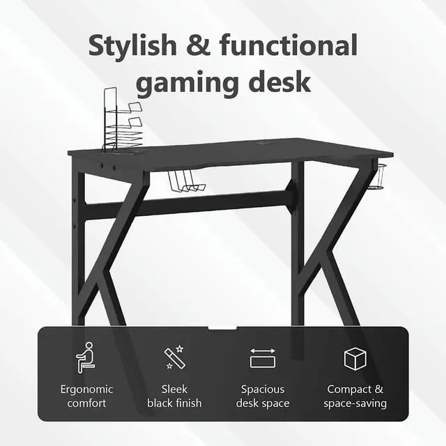 Alt view image 5 of 7 - vidaXL 35 Inch Gaming Desk with K-Shaped Legs, Ergonomic Computer Desk with Earphone & Controller Racks, Cup Holder, Sturdy PC Desk for Gamers and Home Office, Black