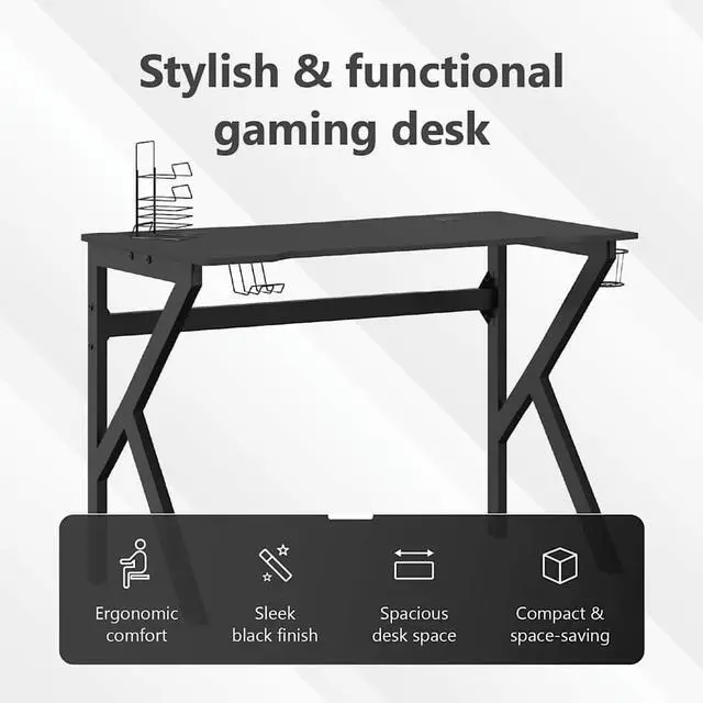 Alt view image 5 of 7 - vidaXL 43 Inch Gaming Desk with K-Shaped Legs, Ergonomic Computer Desk with Earphone & Controller Racks, Cup Holder, Sturdy PC Desk for Gamers and Home Office, Black