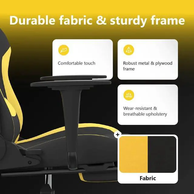 Alt view image 5 of 7 - vidaXL Massage Gaming Chair for Adult, Reclining Computer Chair with Footrest and Headrest, Height Adjustable Office Chair with 360°-Swivel Castors, Black and Yellow Fabric