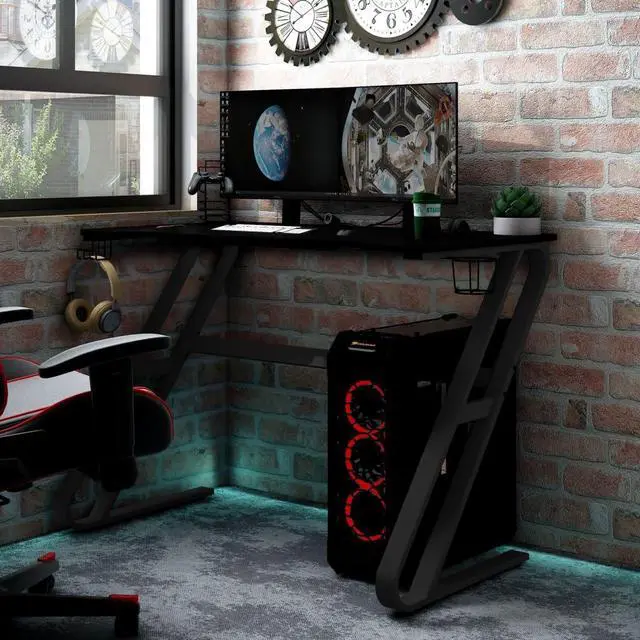 Main image of vidaXL 35 Inch Gaming Desk with ZZ-Shaped Legs, Ergonomic Computer Desk with Earphone & Controller Racks, Cup Holder, Sturdy PC Desk for Gamers and Home Office, Black