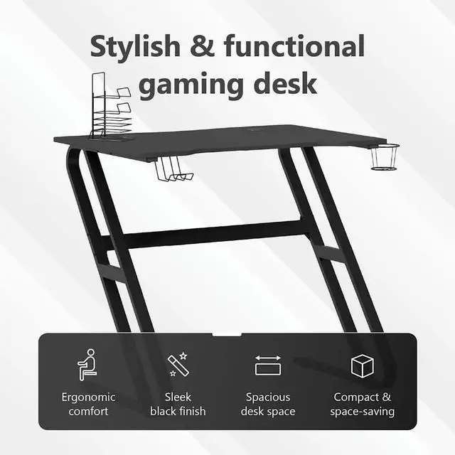 Alt view image 5 of 7 - vidaXL 35 Inch Gaming Desk with ZZ-Shaped Legs, Ergonomic Computer Desk with Earphone & Controller Racks, Cup Holder, Sturdy PC Desk for Gamers and Home Office, Black
