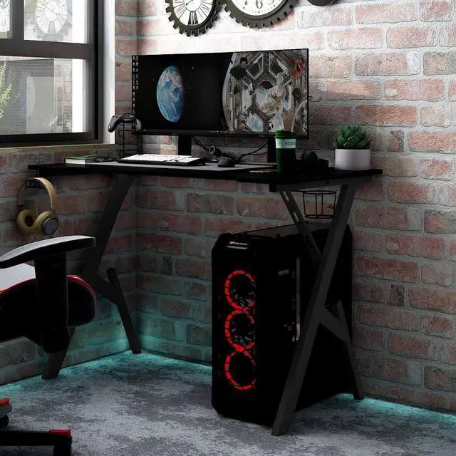 Main image of vidaXL 43 Inch Gaming Desk with Y-Shaped Legs, Ergonomic Computer Desk with Earphone & Controller Racks, Cup Holder, Sturdy PC Desk for Gamers and Home Office, Black