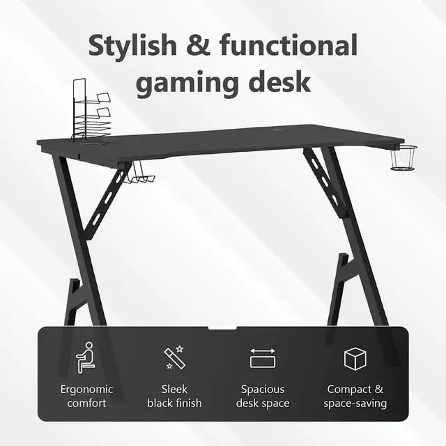Alt view image 5 of 7 - vidaXL 43 Inch Gaming Desk with Y-Shaped Legs, Ergonomic Computer Desk with Earphone & Controller Racks, Cup Holder, Sturdy PC Desk for Gamers and Home Office, Black
